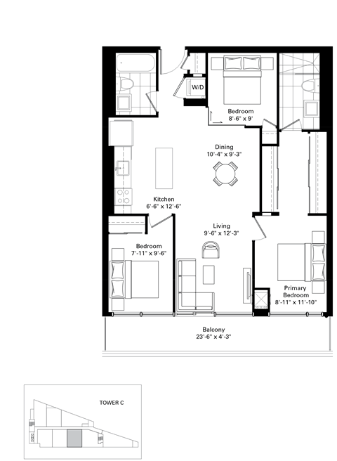 Floor plan for 3 beds, 2 baths, 910 sqft